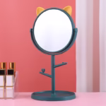 Oglina Cosmetica cu Picior, Flippy, HD, Rotire 360 Grade, 15 cm Diametru, Suport Bijuterii Baza Rotunda + 2 Brate, Model cu Urechi, 31 x 14.5 x 15 cm, din Plastic, Albastru/Galben - imagine 3