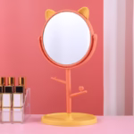 Oglina Cosmetica cu Picior, Flippy, HD, Rotire 360 Grade, 15 cm Diametru, Suport Bijuterii Baza Rotunda + 2 Brate, Model cu Urechi, 31 x 14.5 x 15 cm, din Plastic, Portocaliu/Galben - imagine 2