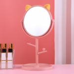 Oglina Cosmetica cu Picior, Flippy, HD, Rotire 360 Grade, 15 cm Diametru, Suport Bijuterii Baza Rotunda + 2 Brate, Model cu Urechi, 31 x 14.5 x 15 cm, din Plastic, Roz/Galben - imagine 2