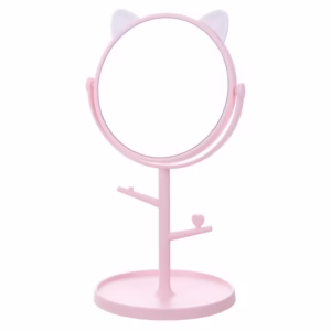 Oglina Cosmetica cu Picior, Flippy, HD, Rotire 360 Grade, 15 cm Diametru, Suport Bijuterii Baza Rotunda + 2 Brate, Model cu Urechi, 31 x 14.5 x 15 cm, din Plastic, Roz/Alb