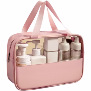 Geanta pentru cosmetice, Flippy, Geanta pentru Voiaj sau Organizarea produselor Cosmetice, Geanta pentru Machiaj, din PVC si PU, 26 x 15 x 10 cm, Roz