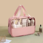 Geanta cosmetice Flippy, pentru voiaj sau organizare, material PVC/textil, impermeabila, portabila, 30 x 21 x 12 cm, roz - imagine 4