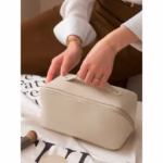 Geanta de Calatorie Flippy, Pentru Cosmetice, Portabila, Impermeabila, din Piele Ecologica, Compartimente Multiple, cu Fermoar, 23 x 11.5 x 10.5 cm, Crem - imagine 5