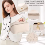 Geanta de Calatorie Flippy, Pentru Cosmetice, Portabila, Impermeabila, din Piele Ecologica, Compartimente Multiple, cu Fermoar, 23 x 11.5 x 10.5 cm, Crem - imagine 11