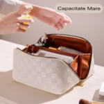 Geanta de Calatorie Flippy, Pentru Cosmetice, Portabila, Impermeabila, din Piele Ecologica, Compartimente Multiple, cu Fermoar, 22 x 13 x 12.5 cm, In Carouri, Alb - imagine 2