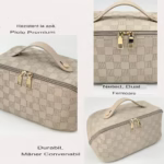 Geanta de Calatorie Flippy, Pentru Cosmetice, Portabila, Impermeabila, din Piele Ecologica, Compartimente Multiple, cu Fermoar, 22 x 13 x 12.5 cm, In Carouri, Alb - imagine 4