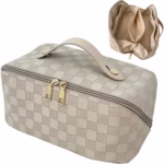 Geanta de Calatorie Flippy, Pentru Cosmetice, Portabila, Impermeabila, din Piele Ecologica, Compartimente Multiple, cu Fermoar, 22 x 13 x 12.5 cm, In Carouri, Alb - imagine 6