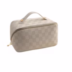 Geanta de Calatorie Flippy, Pentru Cosmetice, Portabila, Impermeabila, din Piele Ecologica, Compartimente Multiple, cu Fermoar, 22 x 13 x 12.5 cm, In Carouri, Alb
