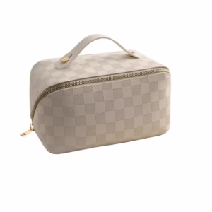 Geanta de Calatorie Flippy, Pentru Cosmetice, Portabila, Impermeabila, din Piele Ecologica, Compartimente Multiple, cu Fermoar, 22 x 13 x 12.5 cm, In Carouri, Alb
