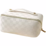 Geanta de Calatorie Flippy, Pentru Cosmetice, Portabila, Impermeabila, din Piele Ecologica, Compartimente Multiple, cu Fermoar, 22 x 13 x 12.5 cm, In Carouri, Alb