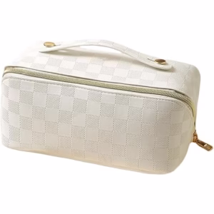 Geanta de Calatorie Flippy, Pentru Cosmetice, Portabila, Impermeabila, din Piele Ecologica, Compartimente Multiple, cu Fermoar, 22 x 13 x 12.5 cm, In Carouri, Alb