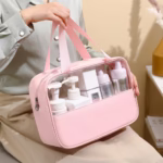 Geanta pentru cosmetice, Flippy, Geanta pentru Voiaj sau Organizarea produselor Cosmetice, Geanta pentru Machiaj, din PVC si PU, 26 x 15 x 10 cm, Roz - imagine 3