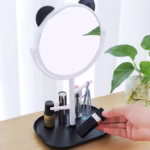 Oglina Cosmetica cu Picior, Flippy, HD, Rotire 360 Grade, 15 cm Diametru, Suport Bijuterii Baza + Brate, Model cu Urechi, 30 x 16.5 x 15 cm, Alb/Negru - imagine 2