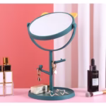 Oglina Cosmetica cu Picior, Flippy, HD, Rotire 360 Grade, 15 cm Diametru, Suport Bijuterii Baza Rotunda + 2 Brate, Model cu Urechi, 31 x 14.5 x 15 cm, din Plastic, Albastru/Galben - imagine 4