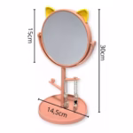 Oglina Cosmetica cu Picior, Flippy, HD, Rotire 360 Grade, 15 cm Diametru, Suport Bijuterii Baza Rotunda + 2 Brate, Model cu Urechi, 31 x 14.5 x 15 cm, din Plastic, Roz/Galben - imagine 3