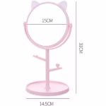Oglina Cosmetica cu Picior, Flippy, HD, Rotire 360 Grade, 15 cm Diametru, Suport Bijuterii Baza Rotunda + 2 Brate, Model cu Urechi, 31 x 14.5 x 15 cm, din Plastic, Roz/Alb - imagine 2
