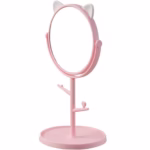 Oglina Cosmetica cu Picior, Flippy, HD, Rotire 360 Grade, 15 cm Diametru, Suport Bijuterii Baza Rotunda + 2 Brate, Model cu Urechi, 31 x 14.5 x 15 cm, din Plastic, Roz/Alb - imagine 3
