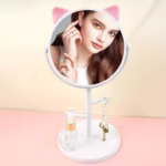 Oglina Cosmetica cu Picior, Flippy, HD, Rotire 360 Grade, 15 cm Diametru, Suport Bijuterii Baza Rotunda + 2 Brate, Model cu Urechi, 31 x 14.5 x 15 cm, din Plastic, Alb - imagine 2