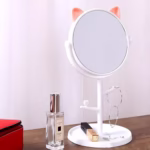 Oglina Cosmetica cu Picior, Flippy, HD, Rotire 360 Grade, 15 cm Diametru, Suport Bijuterii Baza Rotunda + 2 Brate, Model cu Urechi, 31 x 14.5 x 15 cm, din Plastic, Alb - imagine 4