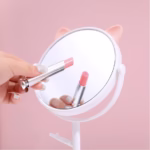 Oglina Cosmetica cu Picior, Flippy, HD, Rotire 360 Grade, 15 cm Diametru, Suport Bijuterii Baza Rotunda + 2 Brate, Model cu Urechi, 31 x 14.5 x 15 cm, din Plastic, Alb - imagine 7