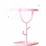 Oglina Cosmetica cu Picior, Flippy, HD, Rotire 360 Grade, 15 cm Diametru, Suport Bijuterii Baza + Brate, Model cu Urechi, 30 x 16.5 x 15 cm, Roz - imagine 2
