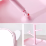 Oglina Cosmetica cu Picior, Flippy, HD, Rotire 360 Grade, 15 cm Diametru, Suport Bijuterii Baza + Brate, Model cu Urechi, 30 x 16.5 x 15 cm, Roz - imagine 3