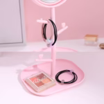 Oglina Cosmetica cu Picior, Flippy, HD, Rotire 360 Grade, 15 cm Diametru, Suport Bijuterii Baza + Brate, Model cu Urechi, 30 x 16.5 x 15 cm, Roz - imagine 4