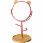 Oglina Cosmetica cu Picior, Flippy, HD, Rotire 360 Grade, 15 cm Diametru, Suport Bijuterii Baza Rotunda + 2 Brate, Model cu Urechi, 31 x 14.5 x 15 cm, din Plastic, Portocaliu/Galben