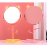 Oglina Cosmetica cu Picior, Flippy, HD, Rotire 360 Grade, 15 cm Diametru, Suport Bijuterii Baza Rotunda + 2 Brate, Model cu Urechi, 31 x 14.5 x 15 cm, din Plastic, Portocaliu/Galben - imagine 3