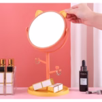 Oglina Cosmetica cu Picior, Flippy, HD, Rotire 360 Grade, 15 cm Diametru, Suport Bijuterii Baza Rotunda + 2 Brate, Model cu Urechi, 31 x 14.5 x 15 cm, din Plastic, Portocaliu/Galben - imagine 4