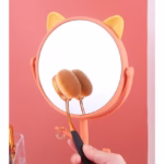 Oglina Cosmetica cu Picior, Flippy, HD, Rotire 360 Grade, 15 cm Diametru, Suport Bijuterii Baza Rotunda + 2 Brate, Model cu Urechi, 31 x 14.5 x 15 cm, din Plastic, Portocaliu/Galben - imagine 5