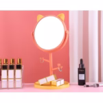 Oglina Cosmetica cu Picior, Flippy, HD, Rotire 360 Grade, 15 cm Diametru, Suport Bijuterii Baza Rotunda + 2 Brate, Model cu Urechi, 31 x 14.5 x 15 cm, din Plastic, Portocaliu/Galben - imagine 6