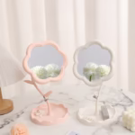 Oglindă de Machiaj pentru Birou, Flippy, Rotativă, Detasabilă, Model de Floarea Soarelui, Suport pentru Inele, cu Depozitare, Alba - imagine 4