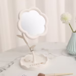 Oglindă de Machiaj pentru Birou, Flippy, Rotativă, Detasabilă, Model de Floarea Soarelui, Suport pentru Inele, cu Depozitare, Alba - imagine 5