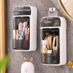 Organizator Baie, Flippy, 4 Compartimente si 1 Sertar, Rotire 360 Grade, din PP+PET, 27.5 x 16 x 11 cm, Alb/Negru - imagine 5