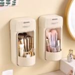 Organizator Baie, Flippy, 4 Compartimente si 1 Sertar, Rotire 360 Grade, din PP+PET, 27.5 x 16 x 11 cm, Crem - imagine 5