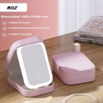 Portfard, Flippy, Geanta Cosmetice, cu Oglinda LED, 3 Moduri de Lumina, Incarcare USB, Baterie 1200 mAh, pentru Organizarea Cosmeticelor, 4 Compartimente, Imitatie Piele, Roz, 16.5x11.5x6 cm - imagine 3