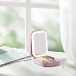 Portfard, Flippy, Geanta Cosmetice, cu Oglinda LED, 3 Moduri de Lumina, Incarcare USB, Baterie 1200 mAh, pentru Organizarea Cosmeticelor, 4 Compartimente, Imitatie Piele, Roz, 16.5x11.5x6 cm - imagine 5