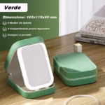 Portfard, Flippy, Geanta Cosmetice, cu Oglinda LED, 3 Moduri de Lumina, Incarcare USB, Baterie 1200 mAh, pentru Organizarea Cosmeticelor, 4 Compartimente, Imitatie Piele, Verde, 16.5x11.5x6 cm - imagine 3
