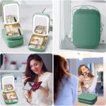 Portfard, Flippy, Geanta Cosmetice, cu Oglinda LED, 3 Moduri de Lumina, Incarcare USB, Baterie 1200 mAh, pentru Organizarea Cosmeticelor, 4 Compartimente, Imitatie Piele, Verde, 16.5x11.5x6 cm - imagine 4
