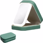 Portfard, Flippy, Geanta Cosmetice, cu Oglinda LED, 3 Moduri de Lumina, Incarcare USB, Baterie 1200 mAh, pentru Organizarea Cosmeticelor, 4 Compartimente, Imitatie Piele, Verde, 16.5x11.5x6 cm - imagine 6