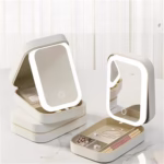 Portfard, Flippy, Geanta Cosmetice, cu Oglinda LED, 3 Moduri de Lumina, Incarcare USB, Baterie 1200 mAh, pentru Organizarea Cosmeticelor, 4 Compartimente, Imitatie Piele, Alb, 16.5x11.5x6 cm - imagine 6