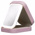 Portfard, Flippy, Geanta Cosmetice, cu Oglinda LED, 3 Moduri de Lumina, Incarcare USB, Baterie 1200 mAh, pentru Organizarea Cosmeticelor, 4 Compartimente, Imitatie Piele, Roz, 16.5x11.5x6 cm