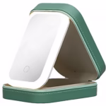 Portfard, Flippy, Geanta Cosmetice, cu Oglinda LED, 3 Moduri de Lumina, Incarcare USB, Baterie 1200 mAh, pentru Organizarea Cosmeticelor, 4 Compartimente, Imitatie Piele, Verde, 16.5x11.5x6 cm