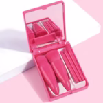 Set 5 Mini Pensule de Machiaj, Flippy, Portabile, in Carcasa cu Oglinda, din Par Sintetic Moale, Fucsia, 12x7x2.5 cm - imagine 2