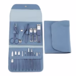 Set profesional 16 piese pentru manichiură, pedichiură și îngrijire facială, cu husă elegantă din piele ecologică, albastru