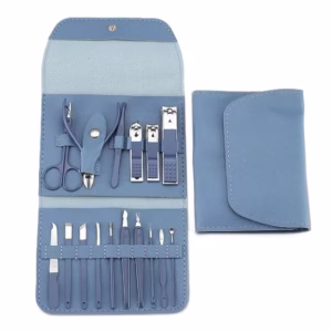 Set profesional 16 piese pentru manichiură, pedichiură și îngrijire facială, cu husă elegantă din piele ecologică, albastru