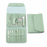 Set profesional 16 piese pentru manichiură, pedichiură și îngrijire facială, cu husă elegantă din piele ecologică, verde