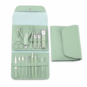 Set profesional 16 piese pentru manichiură, pedichiură și îngrijire facială, cu husă elegantă din piele ecologică, verde