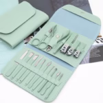 Set profesional 16 piese pentru manichiură, pedichiură și îngrijire facială, cu husă elegantă din piele ecologică, verde - imagine 3
